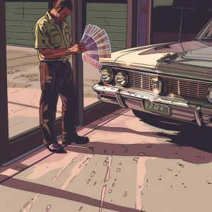 a collision technician stands at a shop doorway comparing a fan of clearcoated spray-out cards against a fender beside a freshly painted bumper, mixed lighting from cool 6500K high-CRI LEDs and soft morning daylight streams in