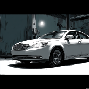after-hours service bay with a single sedan 3/4 front, front clip showing broken headlamp tabs, buckled hood edge, and subtle hair caught in grille seams, cross-lighting from a high-CRI inspection lamp and a soft rim light isolating the bumper height band
