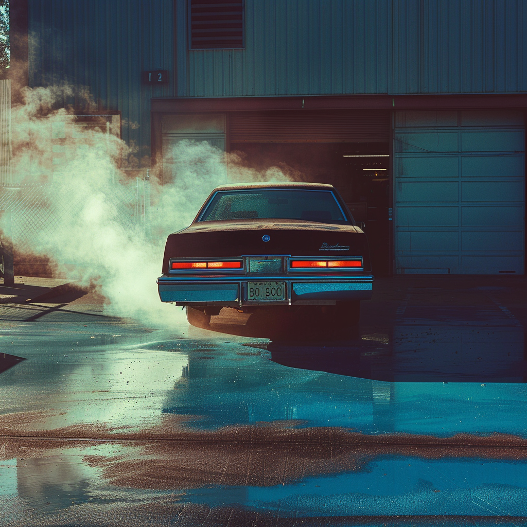 early morning outside a service bay on a cool, humid day, a sedan idling with a faint wispy white plume that dissipates quickly from the tailpipe and small water droplets on the pavement, long moody shadows