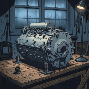a cleaned classic air-cooled Type 1 magnesium engine case resting on a heavy wooden workbench in a quiet evening garage, front three-quarter composition showing distributor stand