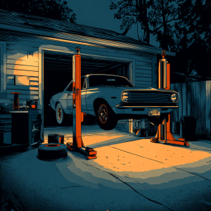 modern unibody sedan in a home garage, front end lifted from a central front subframe jack point with a long-reach low-profile floor jack using a rubber pad, jack stands set symmetrically at the reinforced pinch welds with slotted adapters, wheel chocks behind rear tires, removed wheels laid flat beneath the sills as redundancy, cool dusk light from the open door rakes across concrete while a warm tungsten shop light pools under the nose