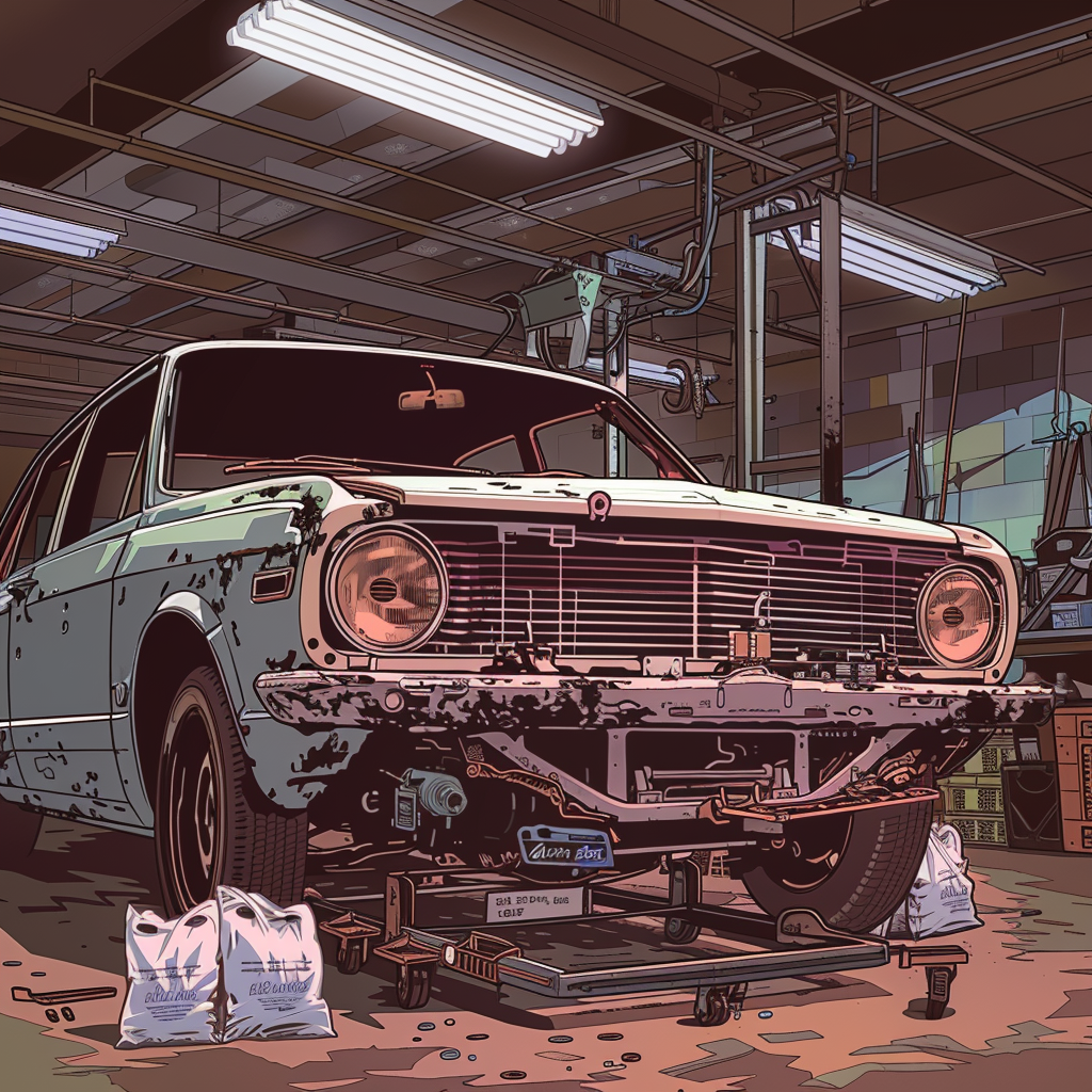 moody after-hours auto shop, late-model compact sedan with front bumper, grille, and headlamps removed, radiator support and lock carrier exposed with radiator and condenser carefully supported by an adjustable bar across the fenders, neatly bagged hardware on a parts cart, cool fluorescent overheads with a warm rim light from an open bay casting long shadows