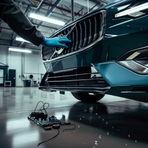 moody hero shot of a modern sedan’s front bumper in a quiet service bay at dusk, a technician’s gloved hand positioning a model-specific radar/ADAS shield bracket just behind the grille opening, cool fluorescent overhead casting long geometric shadows across the bumper cover, subtle rim light lifting stainless hardware and wiring conduit,