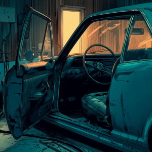 night-time garage bay with a single sedan door cracked open, moody sidelighting slanting through the opening to reveal heavy fuzzy mold on seat fabric, steering wheel rim, and belts, a sealed HEPA vacuum parked beside the car and a negative air hose trailing to a doorway, droplets on the glass hinting at humidity