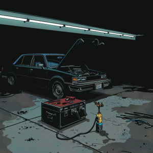 nighttime service bay interior with a single sedan centered under a cool fluorescent strip, hood raised; the composition isolates the engine bay where a small aftermarket vacuum canister and T-fitting interrupt a manifold hose, catching a pool of light; moody side lighting casts long shadows across concrete and tool chest, quiet realism and isolation