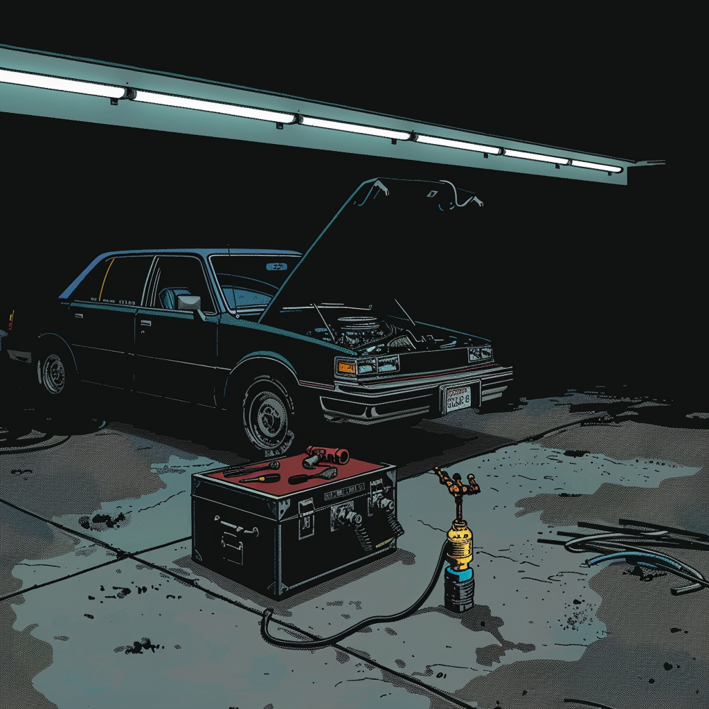 nighttime service bay interior with a single sedan centered under a cool fluorescent strip, hood raised; the composition isolates the engine bay where a small aftermarket vacuum canister and T-fitting interrupt a manifold hose, catching a pool of light; moody side lighting casts long shadows across concrete and tool chest, quiet realism and isolation