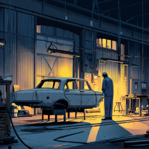 solitary technician in a quiet after-hours body shop stands beside a clamped sedan on a frame bench, B-pillar exposed with temporary window-aperture bracing, doors removed and tagged fasteners in trays, pinch-weld stands