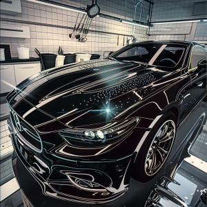 low-angle three-quarter hero shot of a freshly detailed black sedan hood inside a pristine detailing bay, mirror-gloss clear coat with a single point LED inspection light creating a tight radial highlight with no visible marring, subtle water sheeting along the edge from a recent sheet-rinse