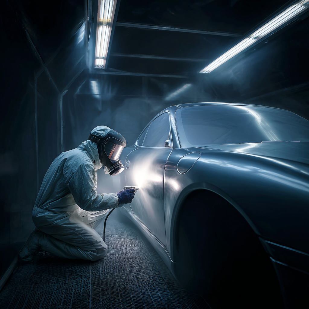 a lead automotive painter in a supplied-air respirator hood laying down clear on a tri-coat fender inside a modern downdraft spray booth, dramatic chiaroscuro with a hard-edged overhead strip light and deep shadow falloff, atomized clear mist glowing in a rim light, meticulous masking lines and full-vehicle bagging visible, glossy reflections rippling across the panel
