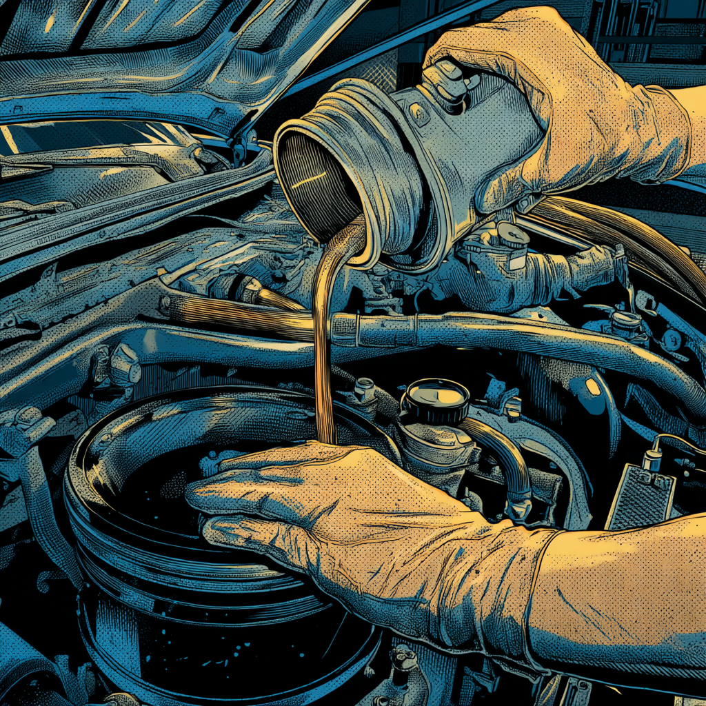 technician performing the vacuum-assist washer swap: one hand holds a shop-vac hose wrapped with a clean rag at the oil filler opening, the other hand removes the drain plug over a waiting catch pan, mid-size SUV on lift, hose gently drawing air, a few suspended oil droplets caught midair,
