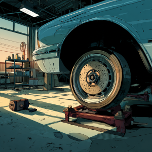 a moody evening service bay with a sedan on stands, front wheel removed revealing the brake rotor on the hub, a single countersunk M6 rotor retaining screw centered in frame, lug studs clean and the hub face freshly brushed, wheel chocks and a tidy tool cart receding into soft shadow