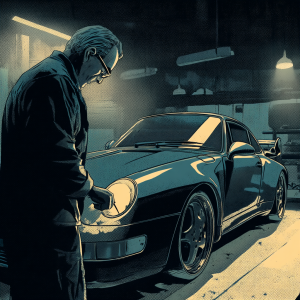 dramatic hero shot inside a dim service bay: a technician presents a repaired flip-style fob with a freshly transplanted HU64 side-milled blade, the 90s boxy German SUV sits in soft focus beyond, pools of fluorescent shop light carving deep shadows across concrete