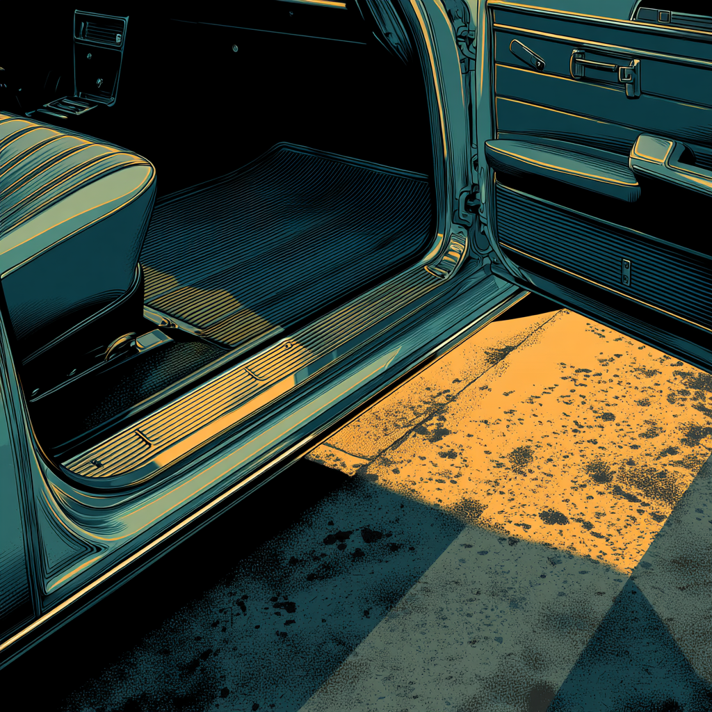moody service-bay hero shot of a sedan’s open driver door with an all-weather TPE floor liner properly anchored, raised tray edges containing melted snow and road salt, channels crisp and matte for traction, heel area flat and safe; early morning raking sunlight from the shop doorway casts long angular shadows across the footwell, reflective wet concrete beyond the sill