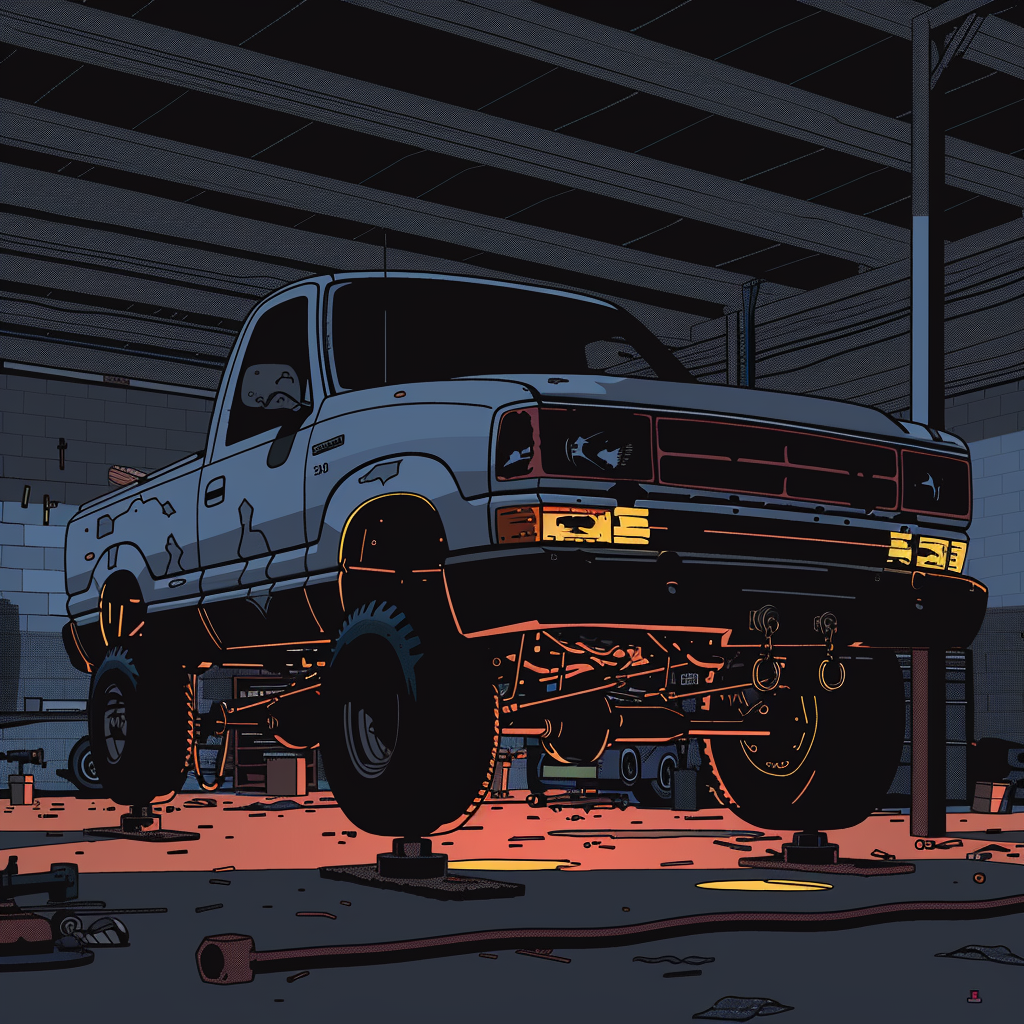 night-time independent garage bay with a 1990s-era compact pickup on jack stands, the missing catalytic converter gap clearly visible under the cab, pools of warm tungsten work-light cutting through the darkness and reflecting off bare exhaust tubing