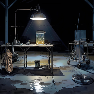 nighttime service bay with a single overhead lamp isolating a workbench and an engine on a stand, a clear glass jar of midstream oil sample on the bench showing glittery brass-and-silver flakes suspended in a milky emulsion, drain pan and glove tips catching the light on the periphery