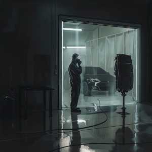 nocturnal collision shop spray booth glowing behind glass, a lone collision painter in a clean respirator stands beside a masked EV door panel on a stand, reflective epoxy floor and quiet isolation, cool-white booth light spilling into a dim prep bay