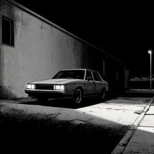 nocturnal garage bay scene with a sedan parked square to a flat wall at 25 ft, crisp low-beam cutoff sweeping across masking tape reference lines with the left portion kissing the lower line and a gentle upsweep to the right, quiet isolation and moody shadows, duotone halftone comic style, bold graphic shading, limited two-color palette, strong linework