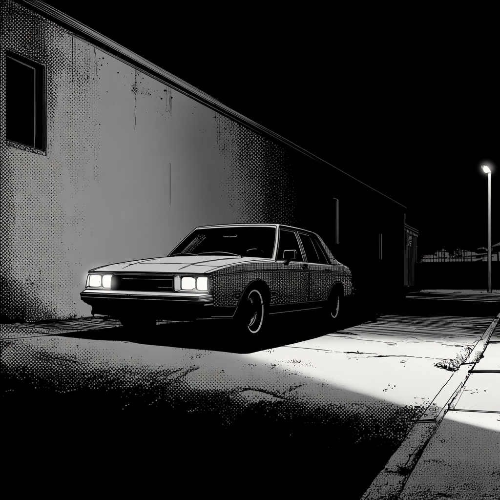 nocturnal garage bay scene with a sedan parked square to a flat wall at 25 ft, crisp low-beam cutoff sweeping across masking tape reference lines with the left portion kissing the lower line and a gentle upsweep to the right, quiet isolation and moody shadows, duotone halftone comic style, bold graphic shading, limited two-color palette, strong linework