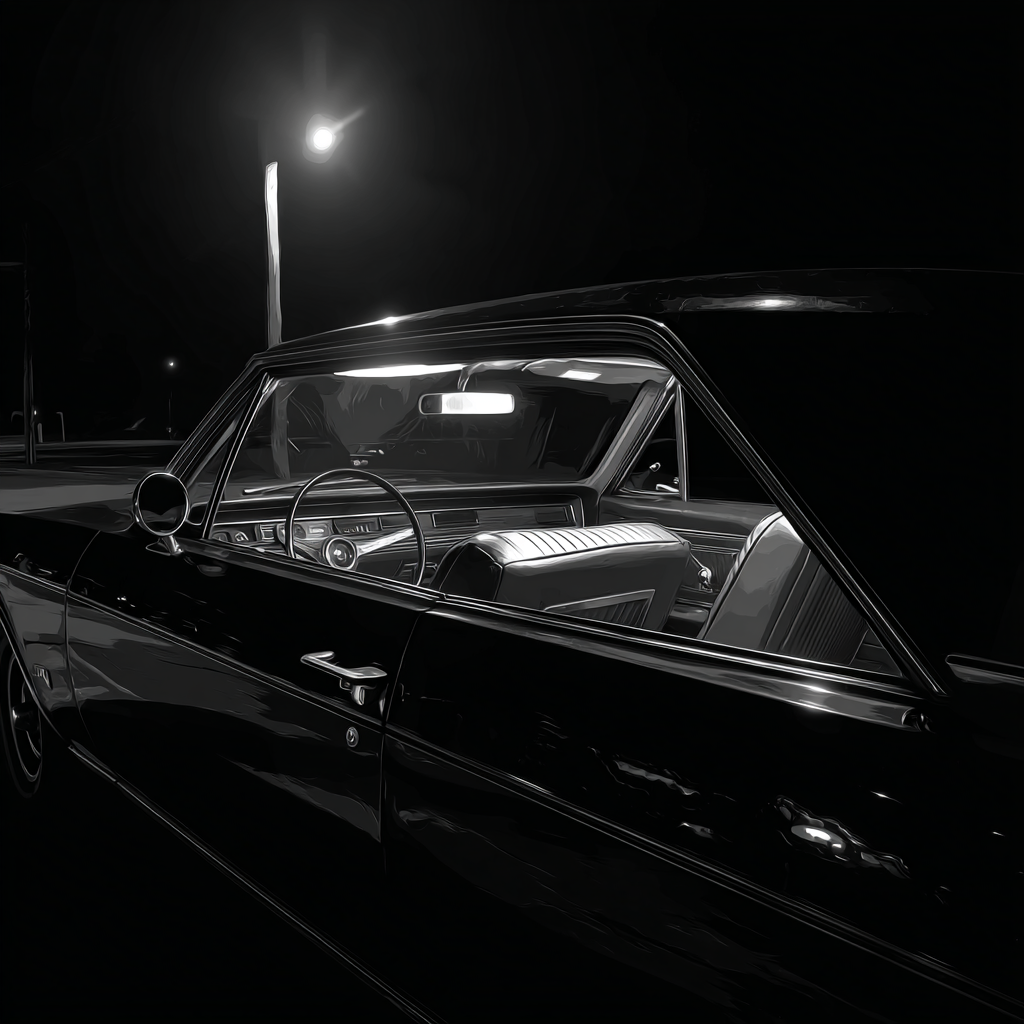 nocturnal garage interior with a parked sedan seen through a rolled-down driver window, faint dome light softly illuminating seats and headliner while the vehicle remains locked and asleep, negative battery cable disconnected with a fused multimeter inline and a fused jumper lead clipped in parallel, door and trunk latches manually latched, quiet isolation mood, cinematic rim light from a single overhead fluorescent and cool ambient spill