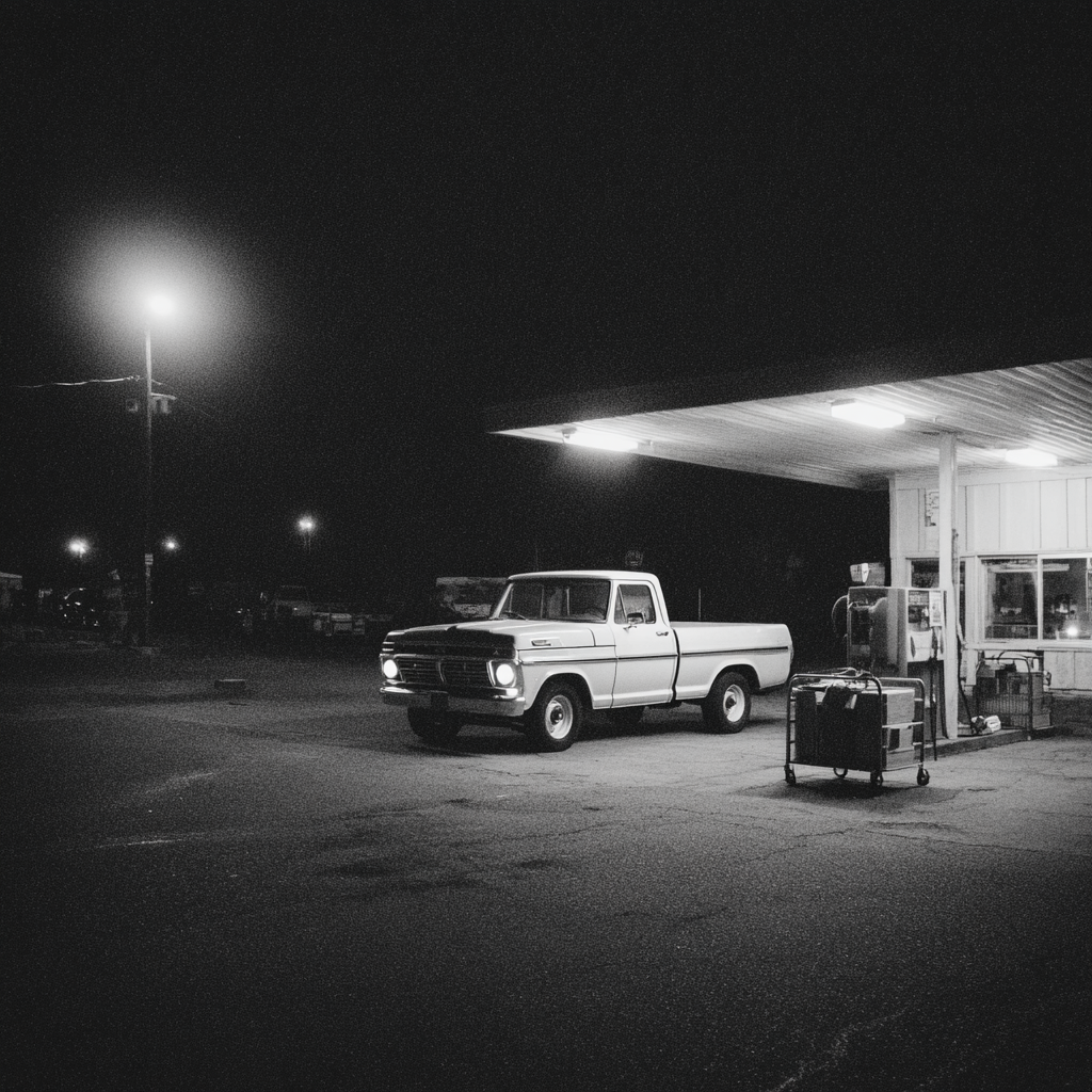 quiet nocturnal service bay with a diesel pickup parked under a single pool of light, hood slightly ajar, grounded fuel caddy and transfer pump staged beside the truck, absorbent pads and PPE neatly arranged on a nearby cart, spacious negative space emphasizing isolation and procedure, low three-quarter angle