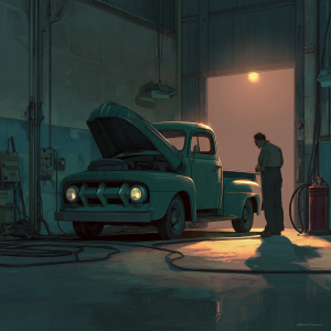 twilight-lit mid-century garage interior with a postwar Advance-Design inline-six pickup centered as the hero, hood open, external clean fuel canister safely staged with a clear hose to the fuel pump, thick 0/00-gauge battery cables and a ready fire extinguisher nearby, solitary technician in soft silhouette contemplating the first start