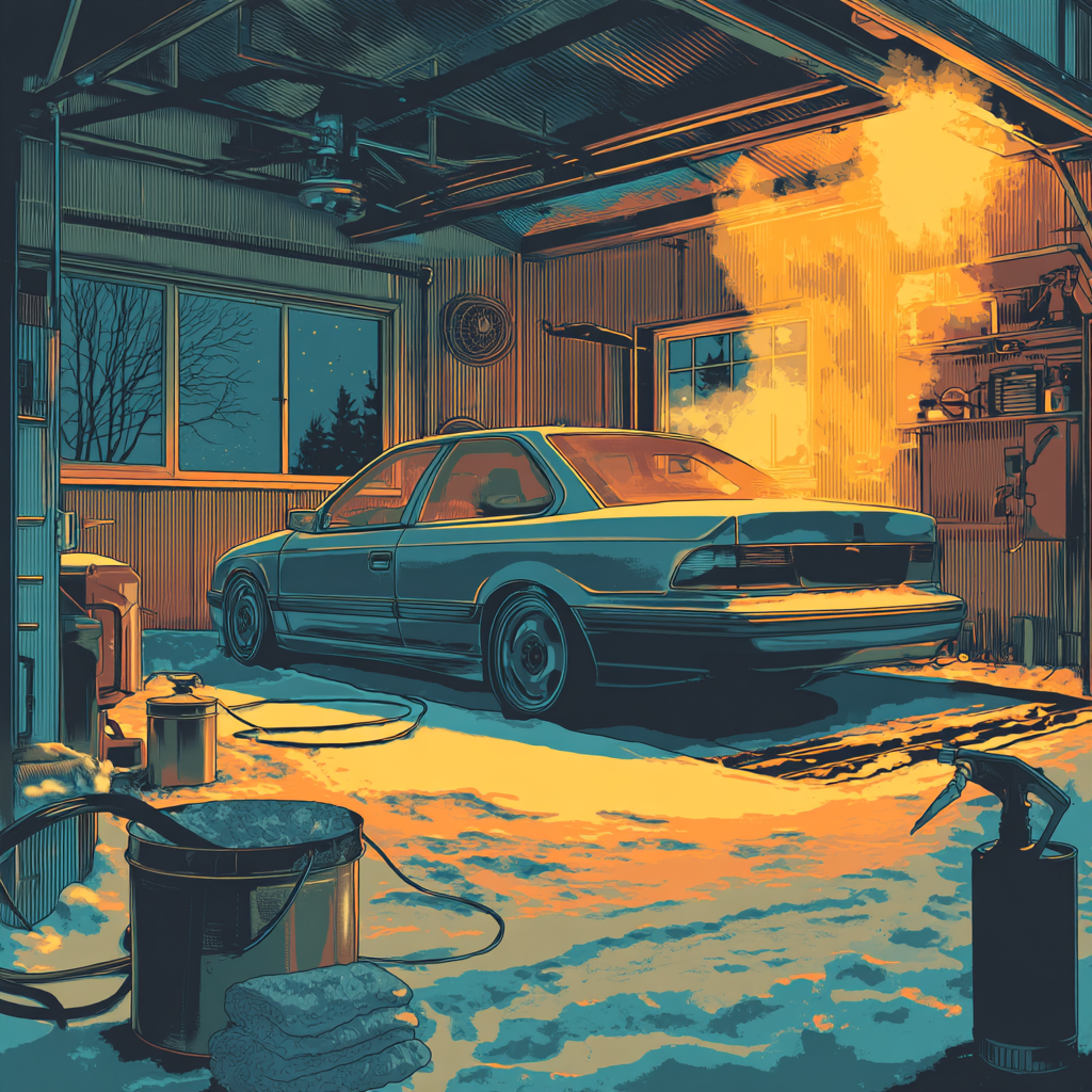 winter garage interior at night with a compact sedan three-quarter view centered over rubber floor mats and absorbent runners, faint vapor rising from warm rinseless solution, pump sprayer and lidded bucket with microfiber towels in the foreground, a floor fan moving air, snow glow leaking in from a cracked service door, dramatic pool of warm overhead light against cold blue ambient shadows, realistic textures, cinematic low-angle composition